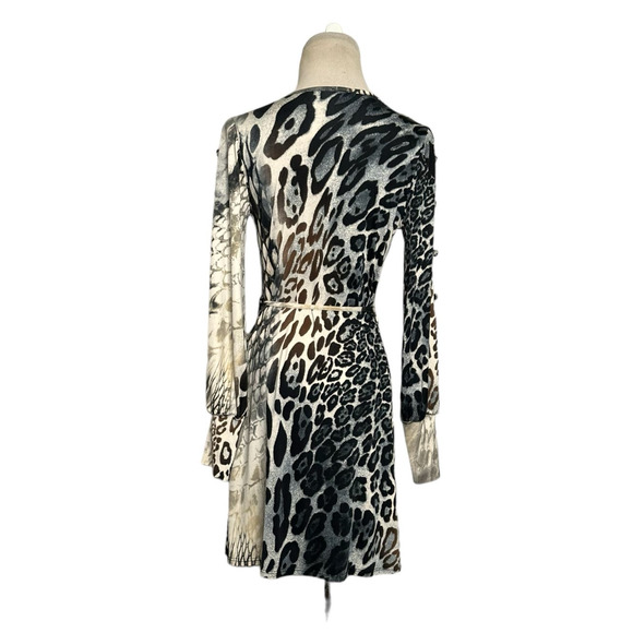 S - Twelve cream brown gray animal print long sleeves wrap dress size small - Picture 2 of 14